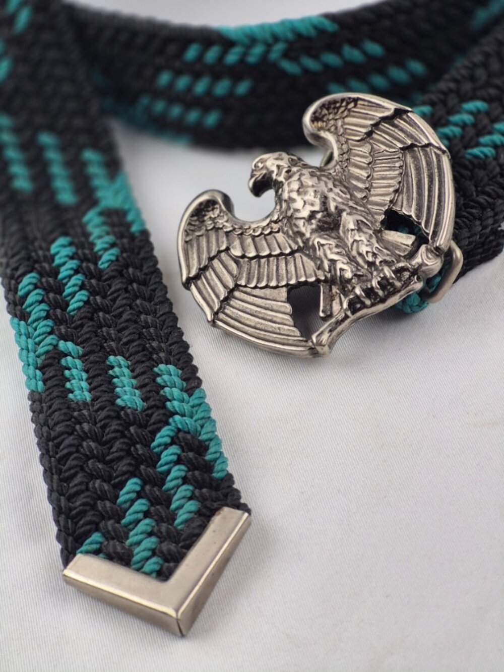 Vintage Avon Federal Eagle Buckle/Black & Aqua Blue Nylon Belt Patriotic Western